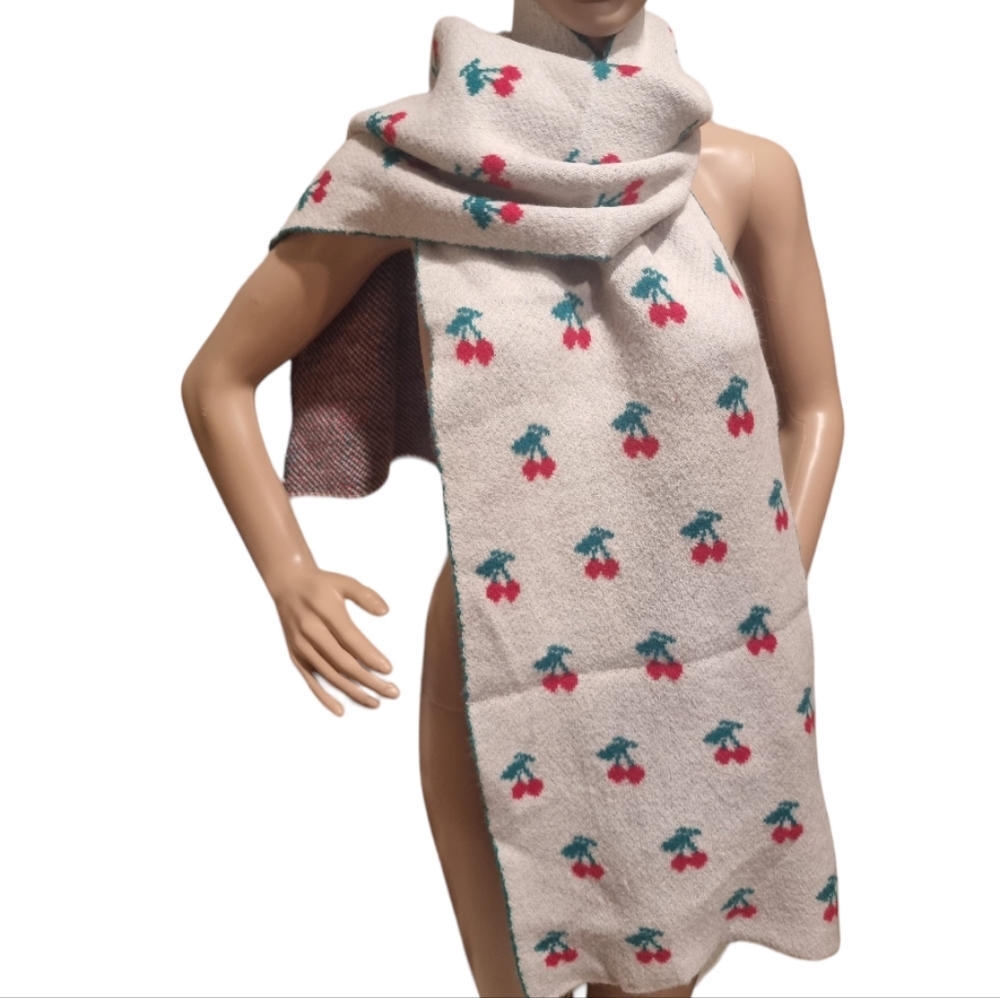 Dolls Kill Cream Cherry Print Knit Scarf with Teal Accents